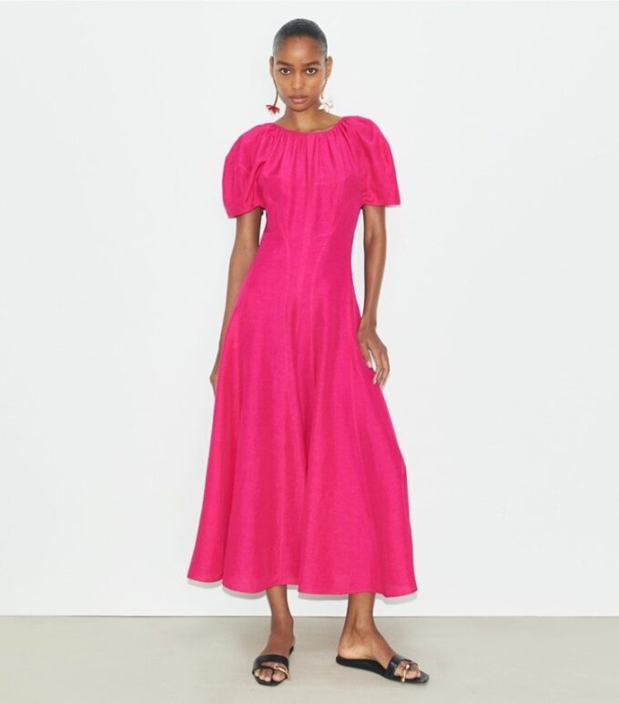 Balloon Sleeve Linen Dress