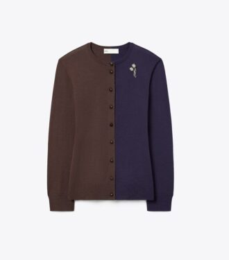 Brooch Color-Block Wool Cardigan