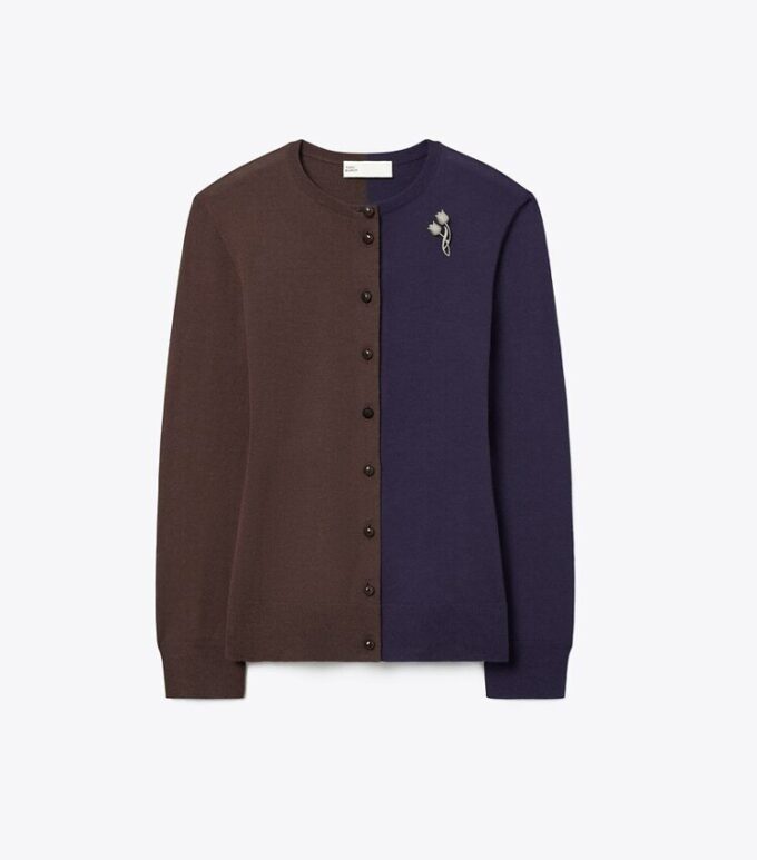 Brooch Color-Block Wool Cardigan