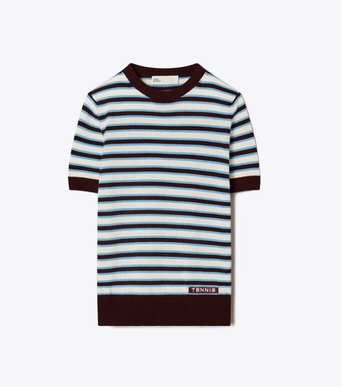 Cashmere Striped Short-Sleeve Tennis Sweater
