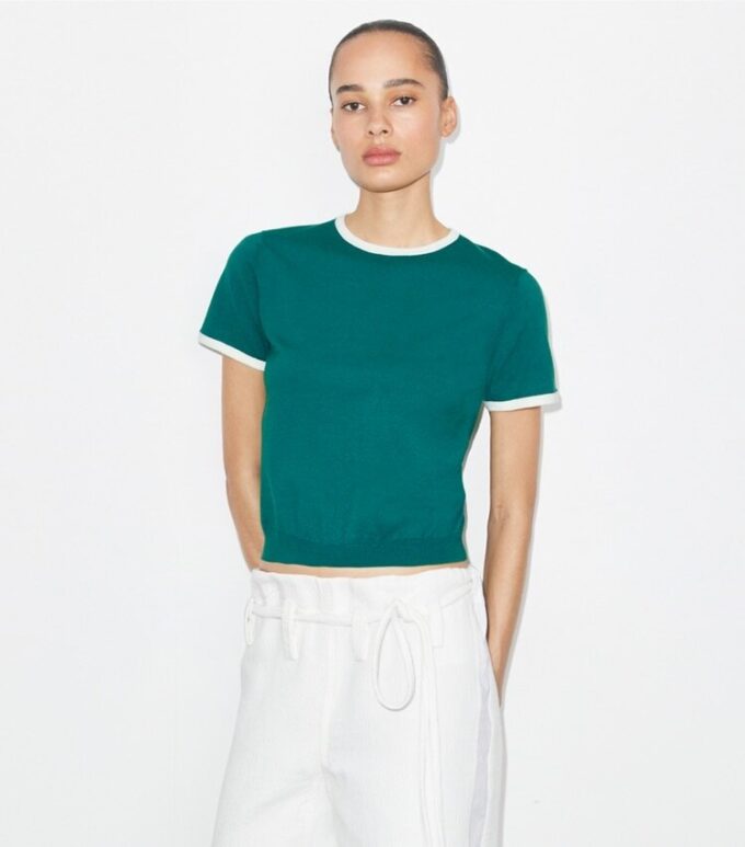 Contrast-Trim Short-Sleeve Sweater