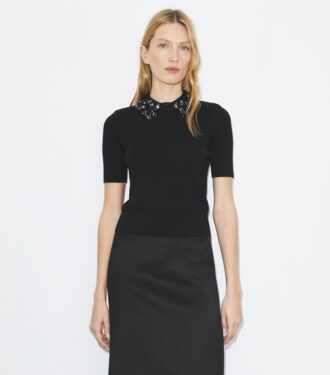 Embellished Collar Short-Sleeve Top