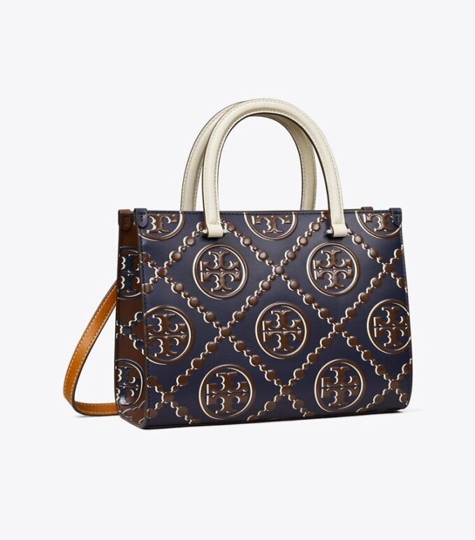 T Monogram Contrast Embossed Top-Handle Tote