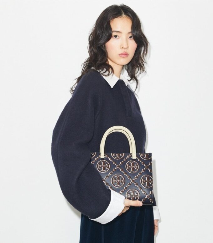 T Monogram Contrast Embossed Top-Handle Tote