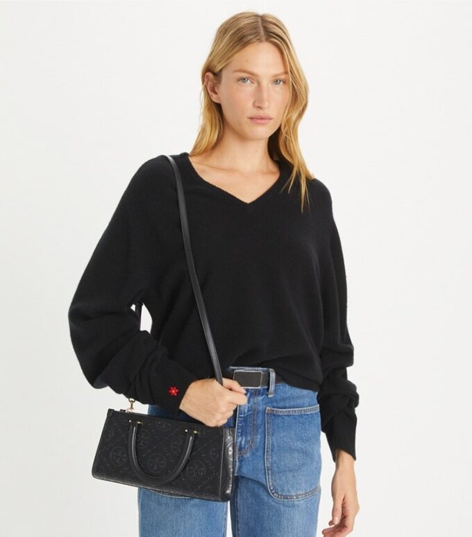 T Monogram Embossed Small East-West Tote