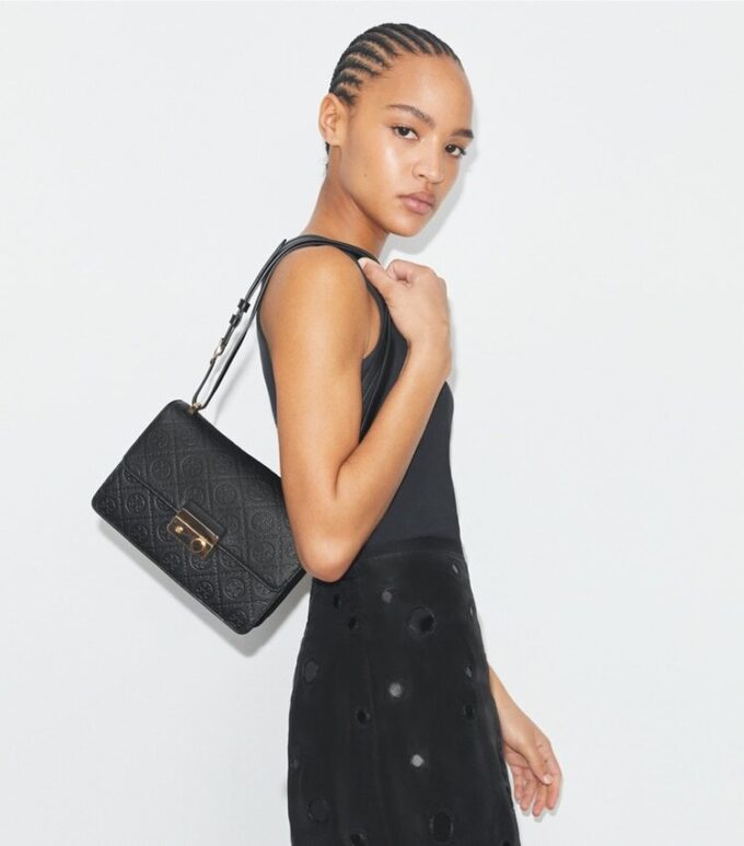 T Monogram Pebbled Shoulder Bag