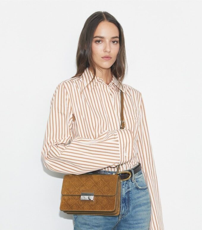 T Monogram Suede Shoulder Bag