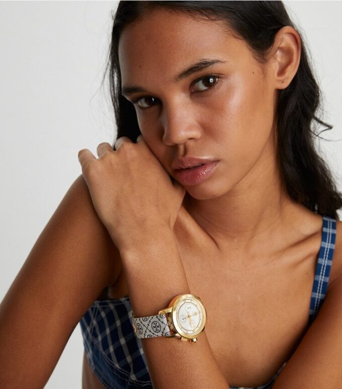 T Monogram Tory Watch, Navy/Gold-Tone Stainless Steel, 37 X 37 Mm T Monogram Tory Watch, Navy/Gold-Tone Stainless Steel, 37 X 37 Mm