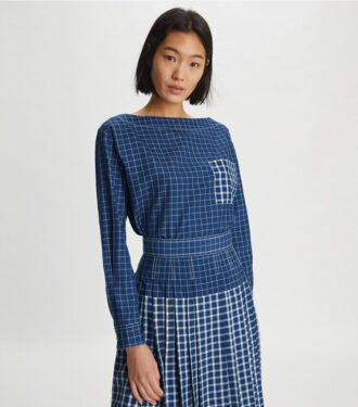 Windowpane Plaid Silk Boatneck Top